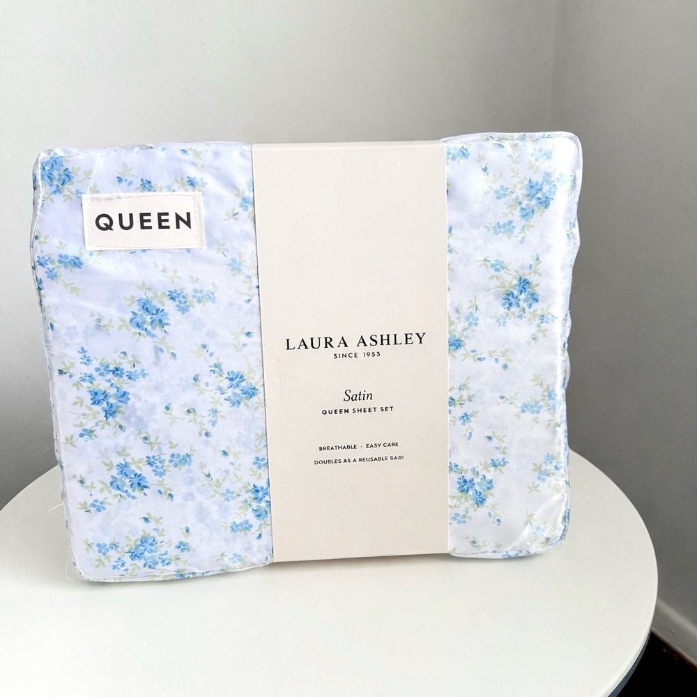 Laura Ashley Satin Queen Sheet Set Paris Fleur Blue Floral 4pc New